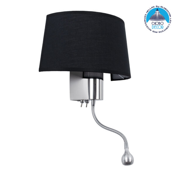 GloboStar® ELEGANT 01492 Μοντέρνο Φωτιστικό Τοίχου Απλίκα Μεταλλικό Χρώμιο Νίκελ με Μαύρο Ύφασμα Δίφωτο 1xE27 - Ρυθμίζόμενο Σώμα Σπιράλ με CREE LED 3W Θερμό Λευκό 2700K - Διακόπτες On / Off Μ26.5 x Π15 x Υ43cm