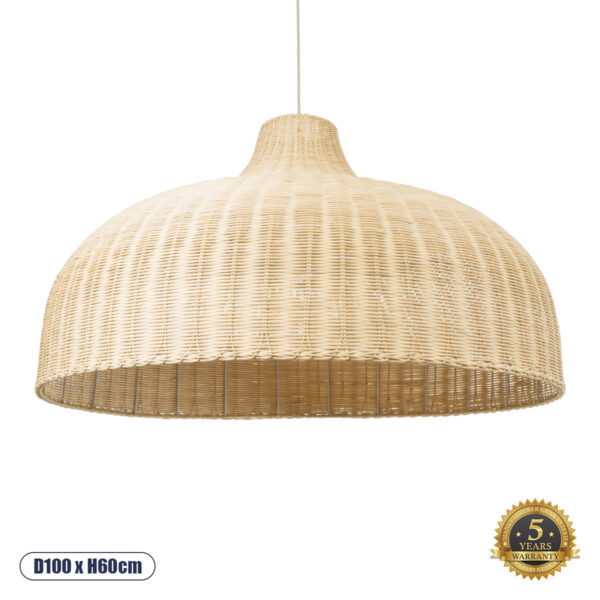 GloboStar® AFURU 01829 Boho Κρεμαστό Φωτιστικό Οροφής Μονόφωτο 1 x E27 AC220-240V IP20 - Φ100 x Υ60cm - Μπεζ Ξύλινο Μπαμπού Πλέγμα Καμπάνα - 5 Χρόνια Εγγύηση
