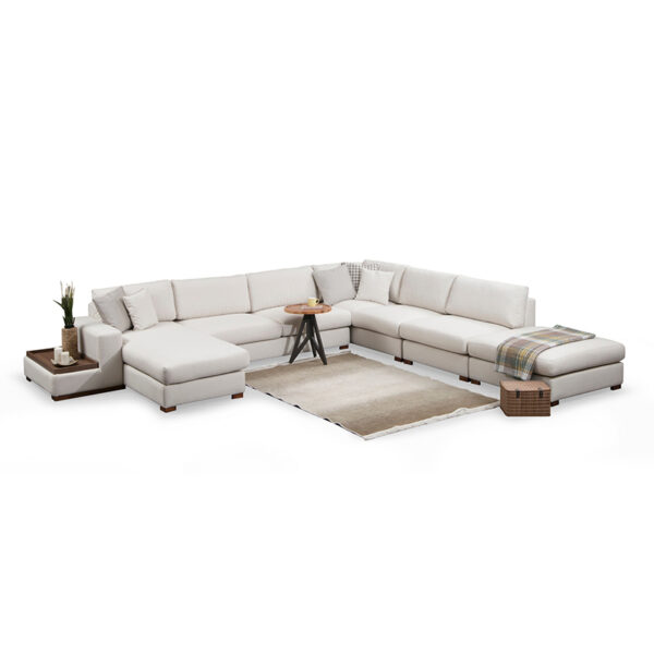Corner sofa PWF-0507 pakoworld left corner beige-walnut fabric 428x374x85cm 071-001145