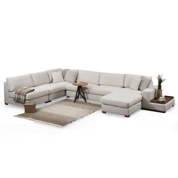 Corner sofa PWF-0507 pakoworld right corner beige-walnut fabric 428x272x85cm 071-001149