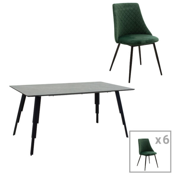 Dining table Lifo-Giselle pakoworld set of 7 pcs MDF cement-dark green 160x90x75cm 096-000034