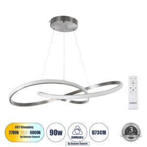 GLOBOSTAR® DEXTER 60915 Μοντέρνο Κρεμαστό Φωτιστικό Οροφής LED 90W 10080lm 300° AC 220-240V IP20 Ρυθμιζόμενο Λευκό CCT με Χειριστήριο από 2700K έως 6000K Dimmable - Lumileds SMD Chip - Σατινέ Νίκελ Βούρτσας - Μ73 x Π73 x Υ16cm - 3 Χρόνια Εγγύηση