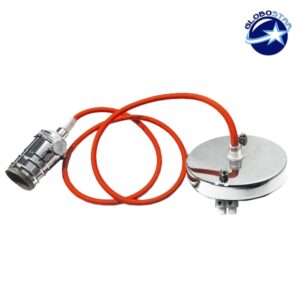 GloboStar® 115101 Κρεμαστό Φωτιστικό Οροφής Ανάρτηση με Νίκελ Μεταλλική Βάση - Υφασμάτινο Πορτοκαλί Καλώδιο και Νίκελ Μεταλλικό Ντουί Ε27
