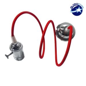 GloboStar® 115104 Κρεμαστό Φωτιστικό Οροφής Ανάρτηση με Νίκελ Μεταλλική Βάση - Υφασμάτινο Κόκκινο Καλώδιο και Νίκελ Μεταλλικό Ντουί Ε27
