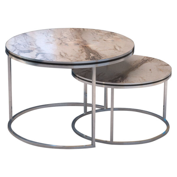 Coffee tables October pakoworld set 2pcs silver-black white marble D70x50cm 120-000351