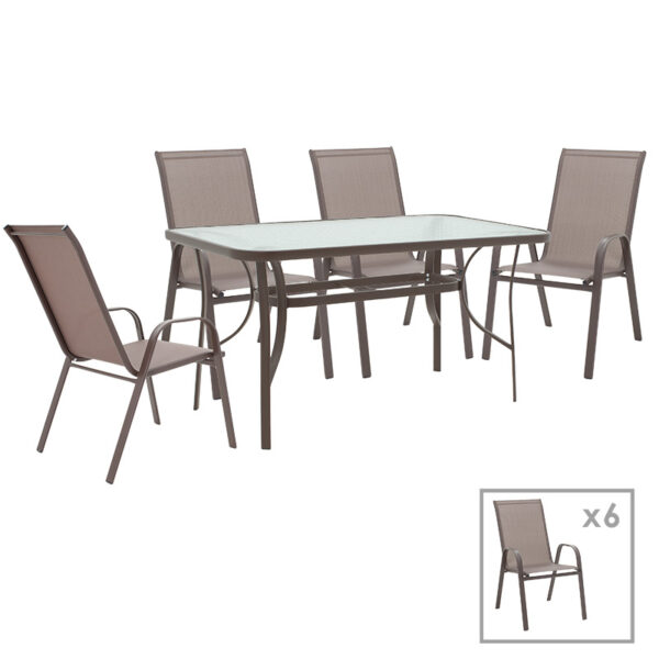 Garden dining set 7pcs Ensure-Calan pakoworld metal-glass brown 140x80x70cm 130-000055