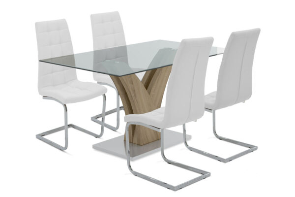 Dining set 5pcs Gull-Darrell pakoworld glass surface-chair with white pu 150x90x76cm 200-000115