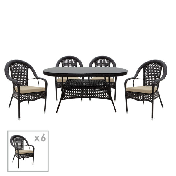 Cellin garden dining set 7pcs pakoworld metal-pe rattan brown 200-000329