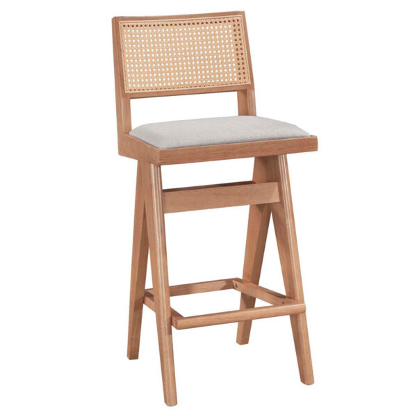 Pakoworld bar Winslow stool wood rubberwood light walnut-pvc natural rattan-grey fabric 247-000007