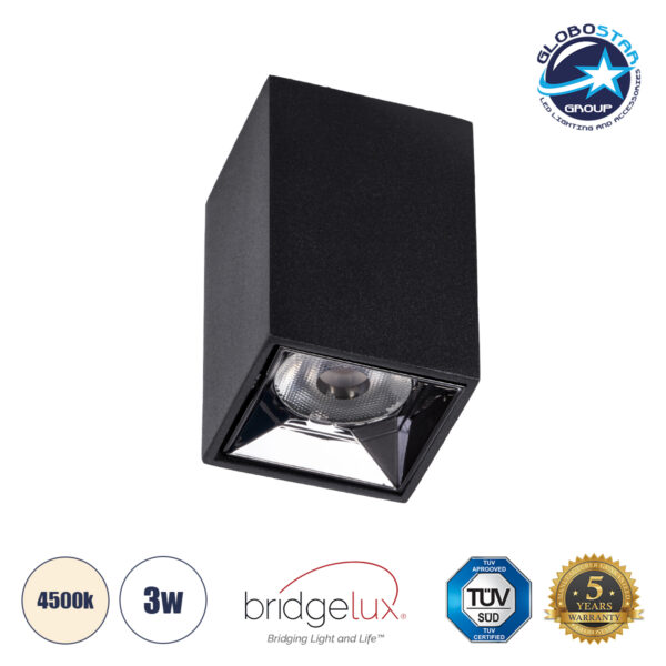 GloboStar® LUMINAR SUPERIOR 60320 Επιφανειακό LED Spot Downlight TrimLess 3W 420lm 36° AC 220-240V IP20 Μ4.2 x Π4.2 x Υ6.6cm - Μαύρο με Κάτοπτρο Χρωμίου - Φυσικό Λευκό 4500K - Bridgelux High Lumen Chip Gen2 - TÜV Certified Driver - 5 Years Warranty