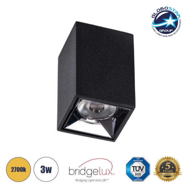 GloboStar® LUMINAR SUPERIOR 60321 Επιφανειακό LED Spot Downlight TrimLess 3W 405lm 36° AC 220-240V IP20 Μ4.2 x Π4.2 x Υ6.6cm - Μαύρο με Κάτοπτρο Χρωμίου - Θερμό Λευκό 2700K - Bridgelux High Lumen Chip Gen2 - TÜV Certified Driver - 5 Years Warranty