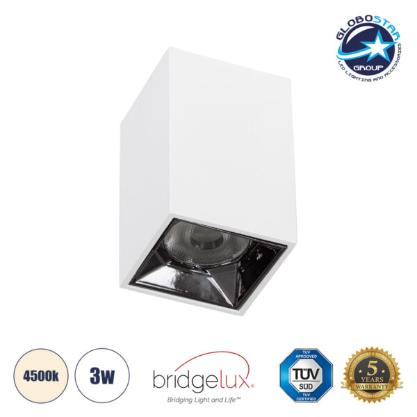 GloboStar® LUMINAR SUPERIOR 60322 Επιφανειακό LED Spot Downlight TrimLess 3W 420lm 36° AC 220-240V IP20 Μ4.2 x Π4.2 x Υ6.6cm - Λευκό με Κάτοπτρο Χρωμίου - Φυσικό Λευκό 4500K - Bridgelux High Lumen Chip Gen2 - TÜV Certified Driver - 5 Years Warranty