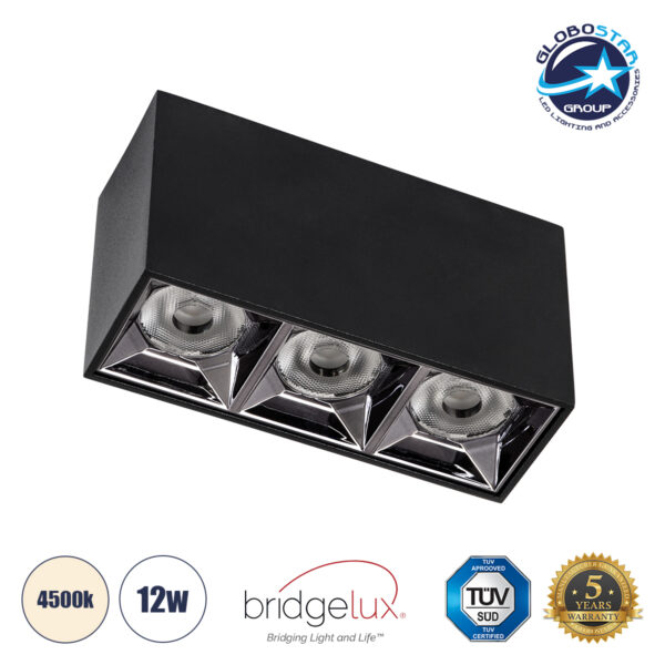 GloboStar® LUMINAR SUPERIOR 60324 Επιφανειακό LED Spot Downlight TrimLess 12W 1680lm 36° AC 220-240V IP20 Μ11.8 x Π4.2 x Υ6.6cm - Μαύρο με Κάτοπτρο Χρωμίου - Φυσικό Λευκό 4500K - Bridgelux High Lumen Chip Gen2 - TÜV Certified Driver - 5 Years Warranty
