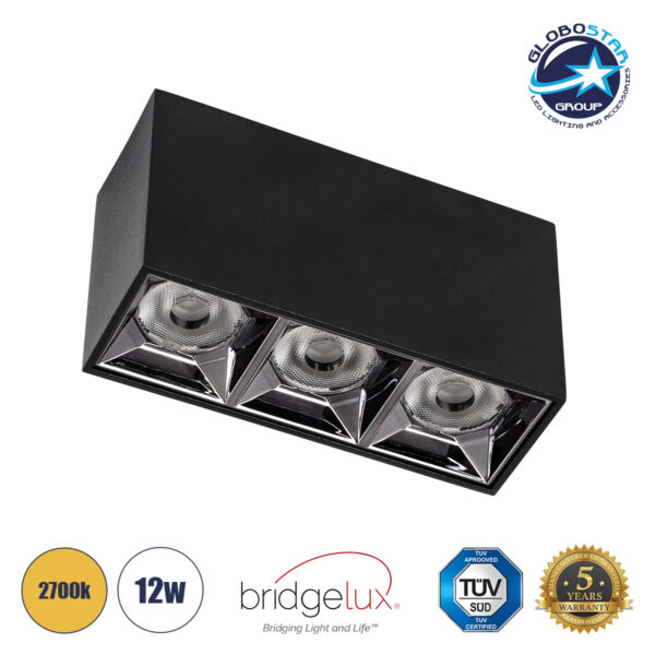 GloboStar® LUMINAR SUPERIOR 60325 Επιφανειακό LED Spot Downlight TrimLess 12W 1620lm 36° AC 220-240V IP20 Μ11.8 x Π4.2 x Υ6.6cm - Μαύρο με Κάτοπτρο Χρωμίου - Θερμό Λευκό 2700K - Bridgelux High Lumen Chip Gen2 - TÜV Certified Driver - 5 Years Warranty