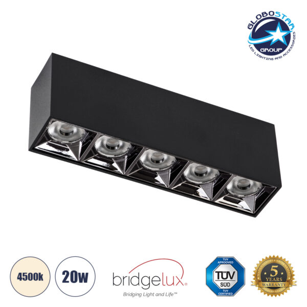 GloboStar® LUMINAR SUPERIOR 60328 Επιφανειακό LED Spot Downlight TrimLess 20W 2800lm 36° AC 220-240V IP20 Μ19.5 x Π4.2 x Υ6.6cm - Μαύρο με Κάτοπτρο Χρωμίου - Φυσικό Λευκό 4500K - Bridgelux High Lumen Chip Gen2 - TÜV Certified Driver - 5 Years Warranty