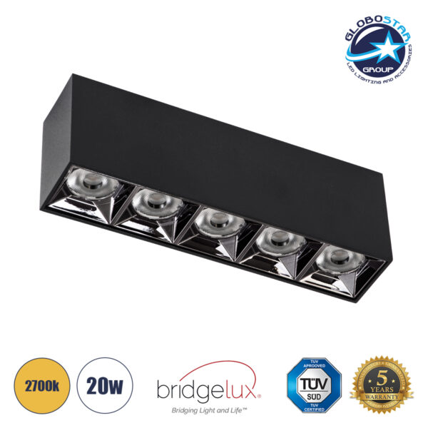 GloboStar® LUMINAR SUPERIOR 60329 Επιφανειακό LED Spot Downlight TrimLess 20W 2700lm 36° AC 220-240V IP20 Μ19.5 x Π4.2 x Υ6.6cm - Μαύρο με Κάτοπτρο Χρωμίου - Θερμό Λευκό 2700K - Bridgelux High Lumen Chip Gen2 - TÜV Certified Driver - 5 Years Warranty