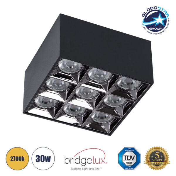 GloboStar® LUMINAR SUPERIOR 60337 Επιφανειακό LED Spot Downlight TrimLess 30W 4050lm 36° AC 220-240V IP20 Μ12 x Π12 x Υ6.6cm - Μαύρο με Κάτοπτρο Χρωμίου - Θερμό Λευκό 2700K - Bridgelux High Lumen Chip Gen2 - TÜV Certified Driver - 5 Years Warranty