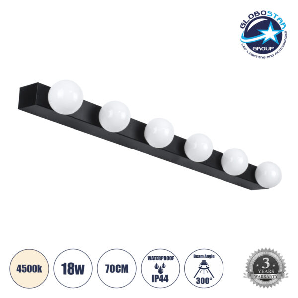 GloboStar® BELLA 60452 Μοντέρνο Φωτιστικό Τοίχου - Απλίκα Καθρέπτη Μπάνιου - Πίνακα LED 18W 2052lm 300° AC 220-240V IP44 Μ70 x Π11 x Υ6cm - Φυσικό Λευκό 4500K - Μαύρο - 3 Years Warranty