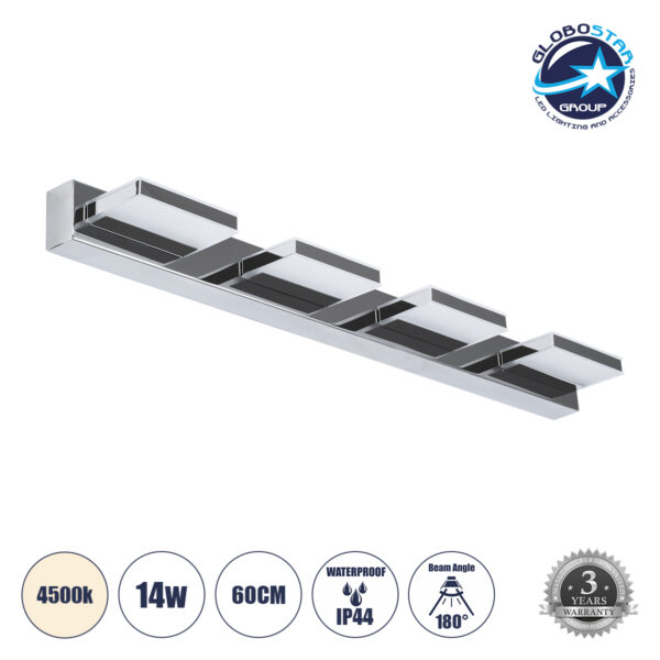 GloboStar® KARLA 60456 Μοντέρνο Φωτιστικό Τοίχου - Απλίκα Καθρέπτη Μπάνιου - Πίνακα LED 14W 1600lm 180° AC 220-240V IP44 Μ60 x Π9 x Υ5cm - Φυσικό Λευκό 4500K - Χρώμιο Νίκελ - 3 Years Warranty