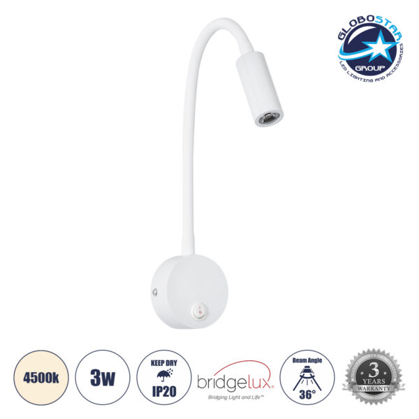 GloboStar® GOOSE 60876 Μοντέρνο Φωτιστικό Τοίχου - Απλίκα Ξενοδοχείου Bed Side LED 3W 300lm 36° AC 220-240V - Reading Light - Μ6.5 x Π15 x Υ24.5cm - Φυσικό Λευκό 4500K - Λευκό