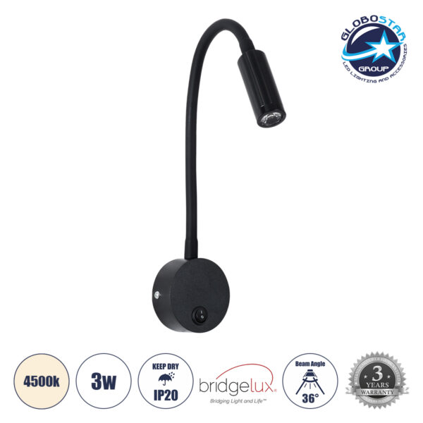 GloboStar® GOOSE 60878 Μοντέρνο Φωτιστικό Τοίχου - Απλίκα Ξενοδοχείου Bed Side LED 3W 300lm 36° AC 220-240V - Reading Light - Μ6.5 x Π15 x Υ24.5cm - Φυσικό Λευκό 4500K - Μαύρο