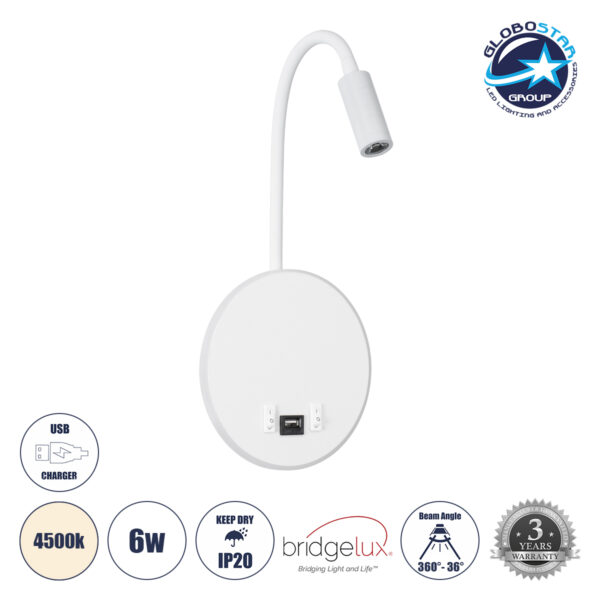 GloboStar® GOOSE 60881 Μοντέρνο Φωτιστικό Τοίχου - Απλίκα Ξενοδοχείου Bed Side LED 6W 600lm 36° & 360° AC 220-240V - Reading Light & 360° Κρυφός Φωτισμός - Φορτιστής USB 3A - Μ15.5 x Π15 x Υ30.5cm - Φυσικό Λευκό 4500K - Λευκό