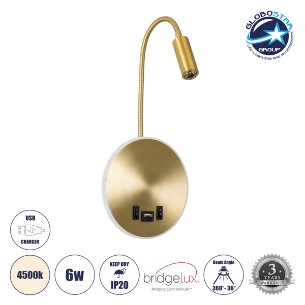 GloboStar® GOOSE 60885 Μοντέρνο Φωτιστικό Τοίχου - Απλίκα Ξενοδοχείου Bed Side LED 6W 600lm 36° & 360° AC 220-240V - Reading Light & 360° Κρυφός Φωτισμός - Φορτιστής USB 3A - Μ15.5 x Π15 x Υ30.5cm - Φυσικό Λευκό 4500K - Χρυσό Βούρτσας