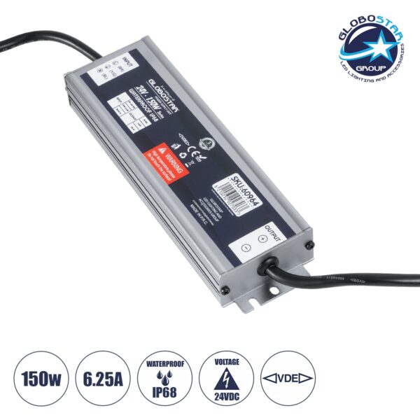 GloboStar® 60964 Αδιάβροχο Τροφοδοτικό SELV για Προϊόντα Φωτισμού LED 150W 6.25A - AC 220-240V σε DC 24V με 1.2m VDE Καλώδιο Παροχής & Εξόδου Τροφοδοσίας - Αδιάβροχο IP68 - M20 x W5.5 x H2.5cm  - 3 Χρόνια Εγγύηση