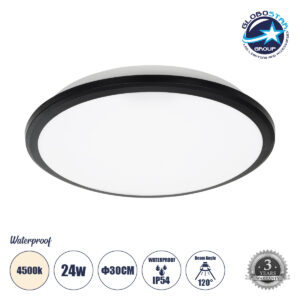 GloboStar® TUFFIN 60997 Πλαφονιέρα Οροφής LED 24W 2640lm 120° AC 220-240V Αδιάβροχη IP54 Φ30 x Υ6.5cm Φυσικό Λευκό 4500K - Μαύρο - Bridgelux Chips - 3 Years Warranty
