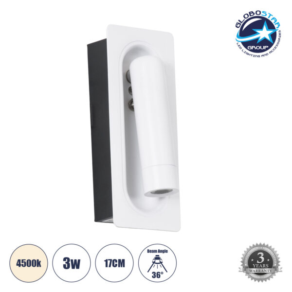 GloboStar® MANHATTAN 61098 Μοντέρνο Χωνευτό Φωτιστικό Τοίχου - Απλίκα Ξενοδοχείου Bed Side LED 3W 405lm 36° AC 220-240V - Reading Light - Μ7 x Π7 x Υ17cm - Φυσικό Λευκό 4500K - Λευκό