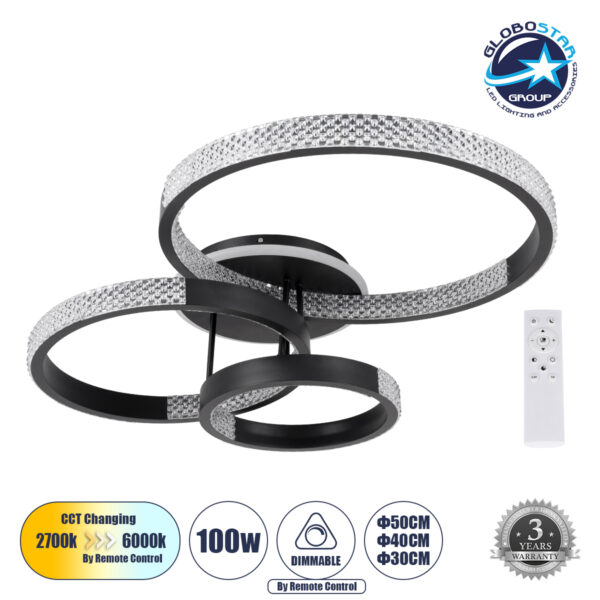 GloboStar® DIAMOND 61114 Φωτιστικό Οροφής Δαχτυλίδι-Κύκλος LED CCT 100W 12123lm 360° AC 220-240V - Εναλλαγή Φωτισμού μέσω Τηλεχειριστηρίου All In One Ψυχρό 6000k+Φυσικό 4500k+Θερμό 2700k Dimmable Φ30+40+50cm+BackLight - Μαύρο - 3 Years Warranty