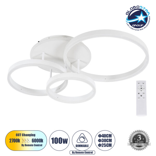 GloboStar® VENOM 61124 Φωτιστικό Οροφής Δαχτυλίδι-Κύκλος LED CCT 100W 12100lm 360° AC 220-240V - Εναλλαγή Φωτισμού μέσω Τηλεχειριστηρίου All In One Ψυχρό 6000k+Φυσικό 4500k+Θερμό 2700k Dimmable Φ25+30+40cm+BackLight - Λευκό - 3 Years Warranty