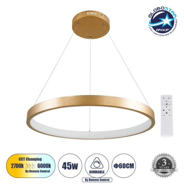GloboStar® NEMESIS 61160 Κρεμαστό Φωτιστικό Δαχτυλίδι-Κύκλος LED CCT 45W 5230lm 360° AC 220-240V - Εναλλαγή Φωτισμού μέσω Τηλεχειριστηρίου All In One Ψυχρό 6000k+Φυσικό 4500k+Θερμό 2700k Dimmable Φ60cm - Χρυσό Βούρτσας - 3 Years Warranty