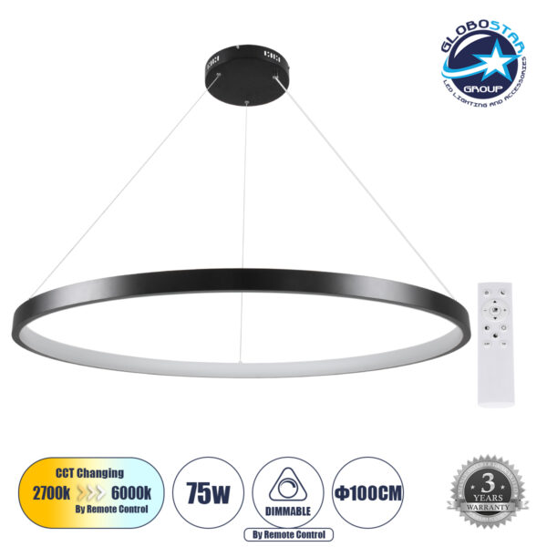 GloboStar® NEMESIS 61164 Κρεμαστό Φωτιστικό Δαχτυλίδι-Κύκλος LED CCT 75W 8743lm 360° AC 220-240V - Εναλλαγή Φωτισμού μέσω Τηλεχειριστηρίου All In One Ψυχρό 6000k+Φυσικό 4500k+Θερμό 2700k Dimmable Φ100cm - Μαύρο - 3 Years Warranty