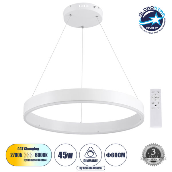 GloboStar® VENOM 61177 Κρεμαστό Φωτιστικό Δαχτυλίδι-Κύκλος LED CCT 45W 5269lm 120° AC 220-240V - Εναλλαγή Φωτισμού μέσω Τηλεχειριστηρίου All In One Ψυχρό 6000K+Φυσικό 4500K+Θερμό 2700K Dimmable Φ60cm - Λευκό - 3 Years Warranty