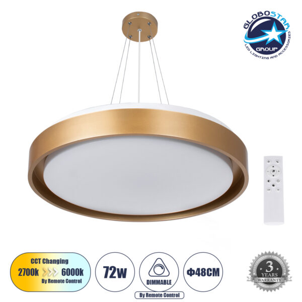GloboStar® BARCHETTA 61399-P Κρεμαστή Πλαφονιέρα Οροφής LED CCT 72W 8306lm 120° AC 220-240V - Εναλλαγή Φωτισμού μέσω Τηλεχειριστηρίου All In One Ψυχρό 6000k+Φυσικό 4500k+Θερμό 2700k Dimmable Φ48cm - Χρυσό - 3 Years Warranty