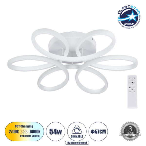 GloboStar® MARGARET 61401 Φωτιστικό Οροφής Design LED CCT 54W 6210lm 360° AC 220-240V - Εναλλαγή Φωτισμού μέσω Τηλεχειριστηρίου All In One Ψυχρό 6000k+Φυσικό 4500k+Θερμό 2700k Dimmable Φ57 x Υ12cm - Λευκό - 3 Years Warranty