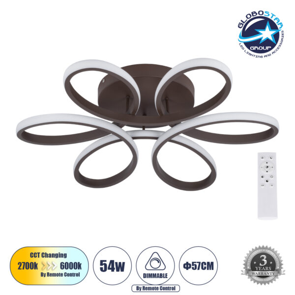 GloboStar® MARGARET 61402 Φωτιστικό Οροφής Design LED CCT 54W 6210lm 360° AC 220-240V - Εναλλαγή Φωτισμού μέσω Τηλεχειριστηρίου All In One Ψυχρό 6000k+Φυσικό 4500k+Θερμό 2700k Dimmable Φ57 x Υ12cm - Καφέ - 3 Years Warranty