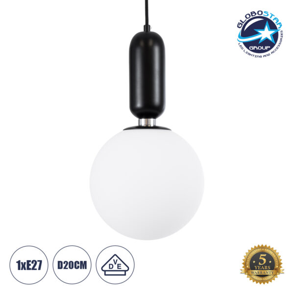 GloboStar® ESTETICO 61495 Μοντέρνο Κρεμαστό Φωτιστικό Οροφής Μονόφωτο 1 x E27 Γαλακτερή Γυάλινη Μπάλα με Μεταλλικό Μαύρο Ματ Σώμα Φ20 x Υ38cm