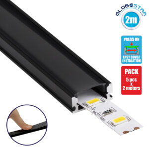 GloboStar® 70806-2M Επιφανειακό Προφίλ Αλουμινίου Μαύρο με Μαύρο Οπάλ Κάλυμμα για 1 Σειρά Ταινίας LED Πατητό - Press On Πακέτο 5 Τεμάχια των 2 Μέτρων