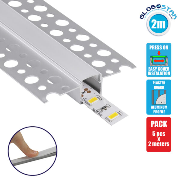GloboStar® 70838-2M Χωνευτό Γωνιακό για Γυψοσανίδα - Trimless Προφίλ Αλουμινίου Ανοδιωμένο με Λευκό Οπάλ Κάλυμμα για 1 Σειρά Ταινίας LED Πατητό - Press On Πακέτο 5 Τεμάχια των 2 Μέτρων