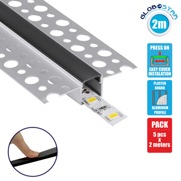 GloboStar® 70839-2M Χωνευτό Γωνιακό για Γυψοσανίδα - Trimless Προφίλ Αλουμινίου Ανοδιωμένο με Μαύρο Οπάλ Κάλυμμα για 1 Σειρά Ταινίας LED Πατητό - Press On Πακέτο 5 Τεμάχια των 2 Μέτρων