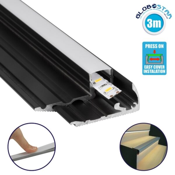 GloboStar® 70841-3M Προφίλ Αλουμινίου για Σκαλοπάτια Μαύρο με Λευκό Οπάλ Κάλυμμα για 1 Σειρά Ταινίας LED Πατητό - Press On 3 Μέτρα