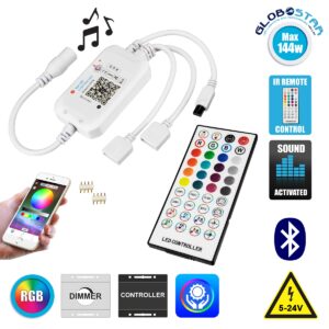 GloboStar® 73431 Ασύρματος Bluetooth LED RGB & Music Controller Sound Activated με Χειριστήριο IR & 2 Εξόδους RGB DC 5-24V Max 144W