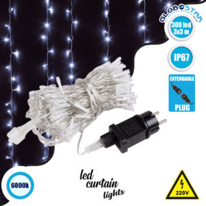 GloboStar® 85828 Διακοσμητική Κουρτίνα 3 x 3 Μέτρα με Controller 8 Προγραμμάτων Εναλλαγών Φωτισμού - Επεκτεινόμενη 300 LED 8W AC 230V με Διάφανο Καλώδιο & Πρίζα Schuko Αδιάβροχη IP67 Ψυχρό Λευκό 6000K Μ3 x Υ3m