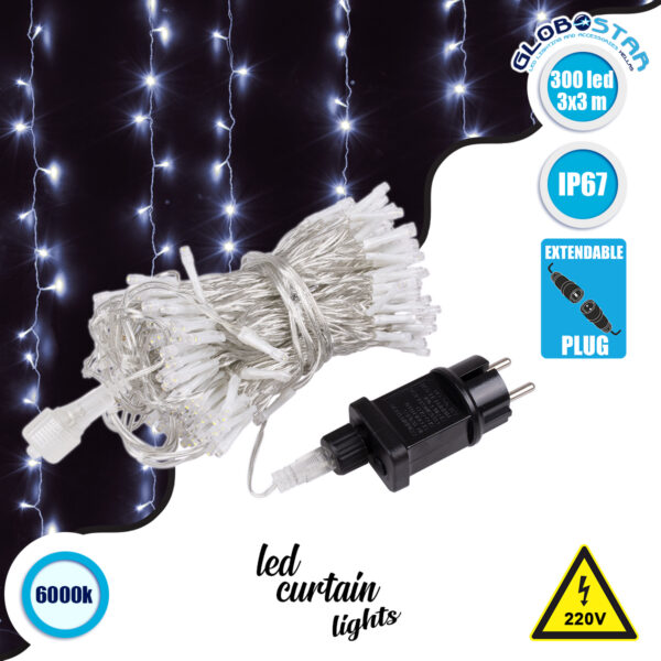 GloboStar® 85828 Διακοσμητική Κουρτίνα 3 x 3 Μέτρα με Controller 8 Προγραμμάτων Εναλλαγών Φωτισμού - Επεκτεινόμενη 300 LED 8W AC 230V με Διάφανο Καλώδιο & Πρίζα Schuko Αδιάβροχη IP67 Ψυχρό Λευκό 6000K Μ3 x Υ3m