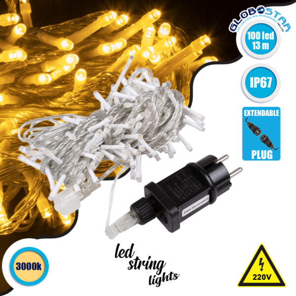 GloboStar® 85833 Διακοσμητική Γιρλάντα 13 Μέτρα με Controller 8 Προγραμμάτων Εναλλαγών Φωτισμού - Επεκτεινόμενη 100 LED 6W AC 230V με Διάφανο Καλώδιο & Πρίζα Schuko Αδιάβροχη IP67 Θερμό Λευκό 3000K Μ13m