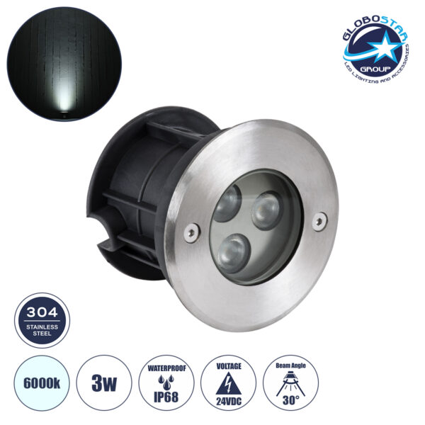 GloboStar® UNDERWATER-HUNI 90415 Υποβρύχιο Χωνευτό Φωτιστικό Σποτ Ειδικό για Σιντριβάνια LED 3W 300lm 30° DC 24V Αδιάβροχο IP68 Φ10 x Υ7.5cm Ψυχρό Λευκό 6000K - Ανοξείδωτο Ατσάλι - 3 Years Warranty