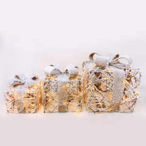 SET RATTAN GIFT BOX, NATURAL BURLAP BOW 90(20+30+40) WW MINI LED  ΜΠΑΤ. 3*3ΑΑ IP20 18,24,30CM ACA - X1190113
