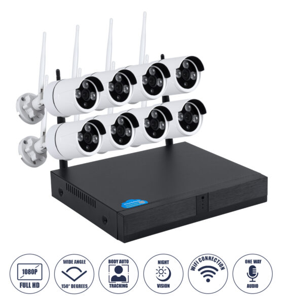 GloboStar® 86038 Ασύρματο Καταγραφικό με 8 x Camera 2MP 1080P WiFi  150° Μοιρών - Αδιάβροχο IP66 - Νυχτερινή Όραση με LED IR - Μονή Κατέυθυνση Ομιλίας - Ανιχνευτή Κίνησης - Νυχτερινή Λήψη - Λευκό